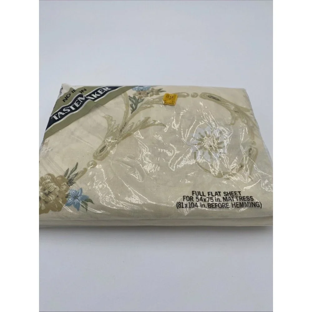 Vintage Tastemaker Flat Sheet Full Size Beige Blue Floral Made in USA NEW NOS